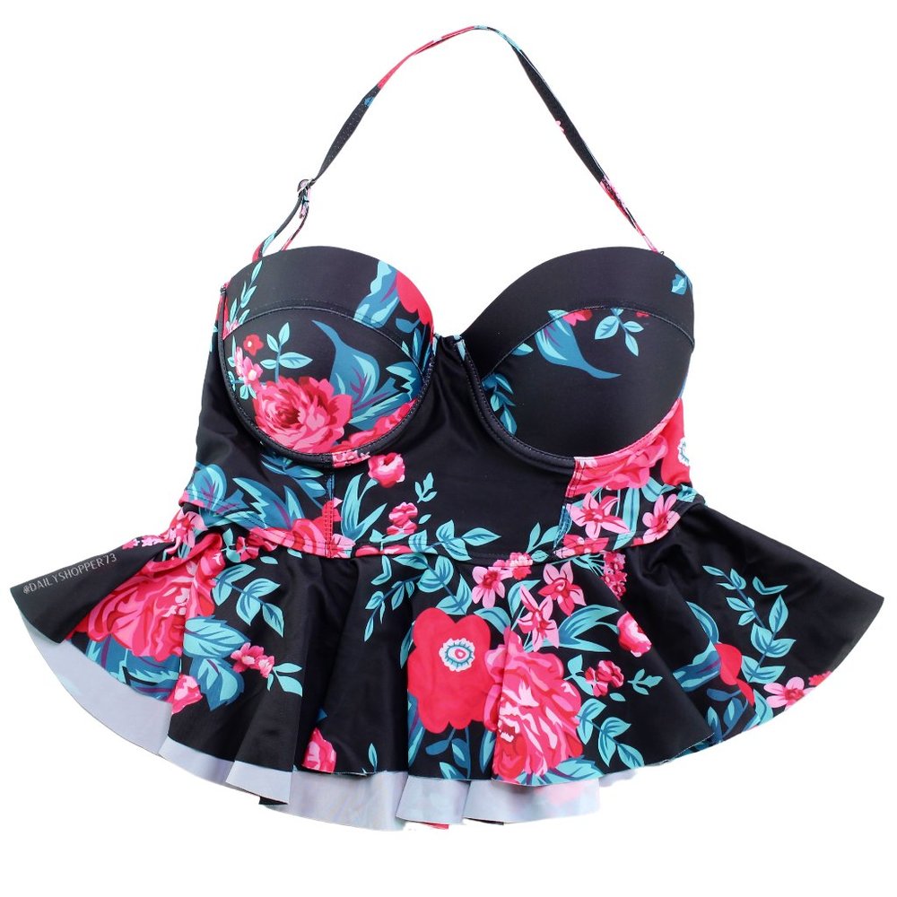 Ekouaer Women's Bustier Cropped Baby Doll Floral Tankini Swim Top - D Cup